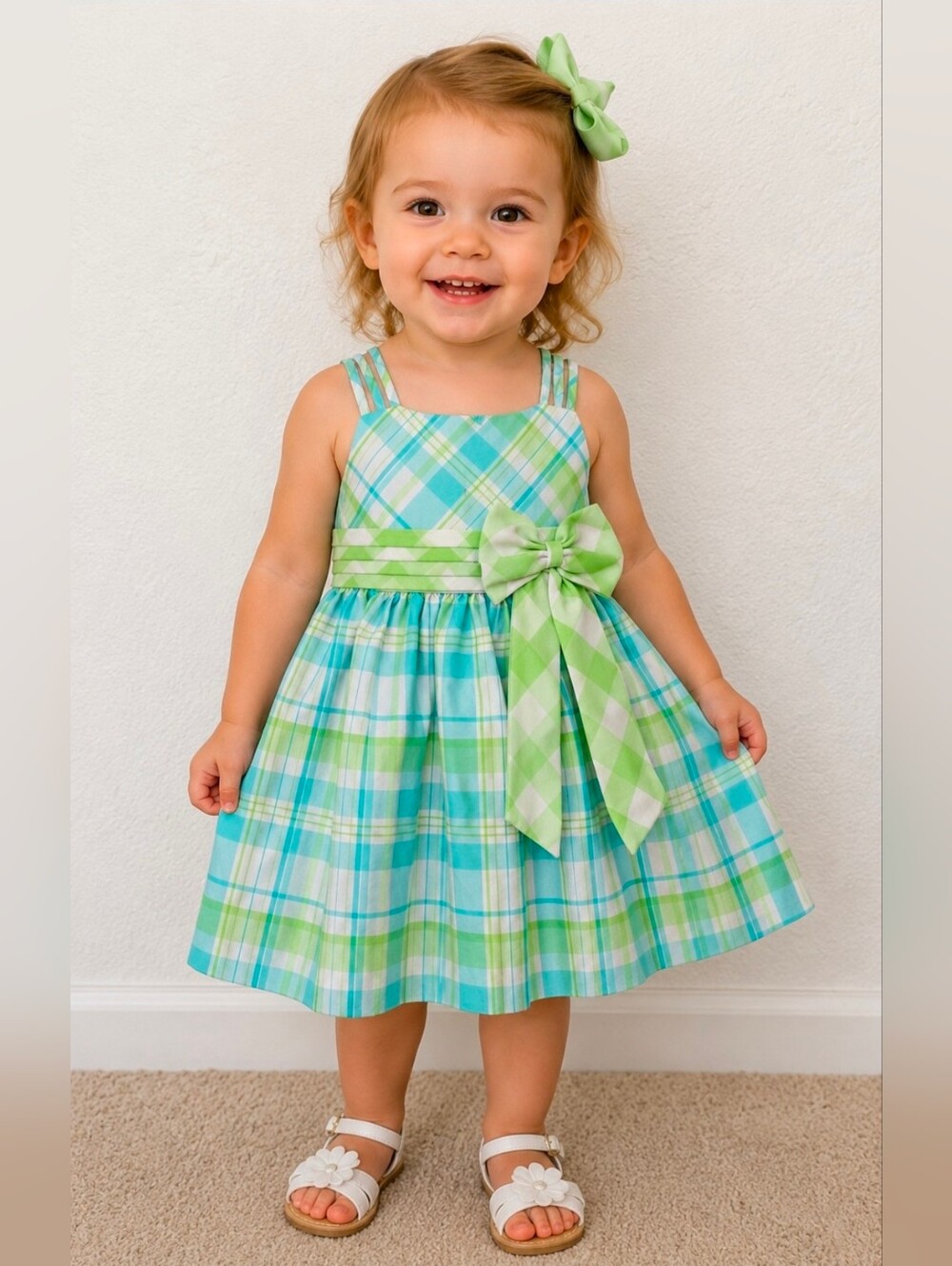 Bonnie Jean Toddler's Pastel Colored Plaid Bow Sundress- Size 2T
